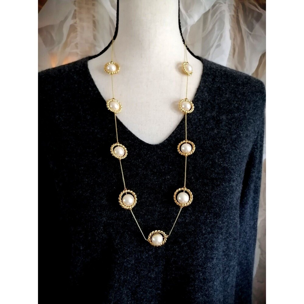Vintage AKD Signed Faux Pearl Gold Ring Chain Statement Necklace 30"